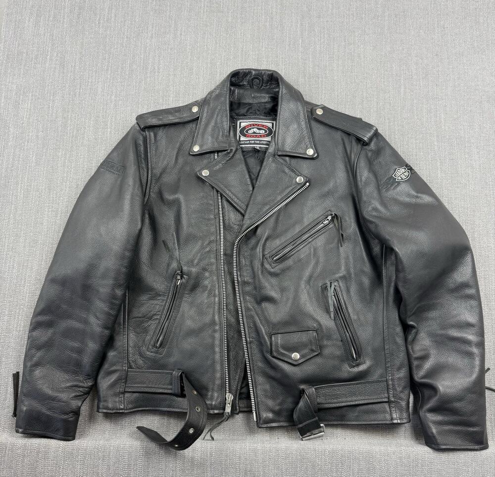 River Road Leather Motorcycle Jacket Mens 48 Black Biker Belted Leaders Patch